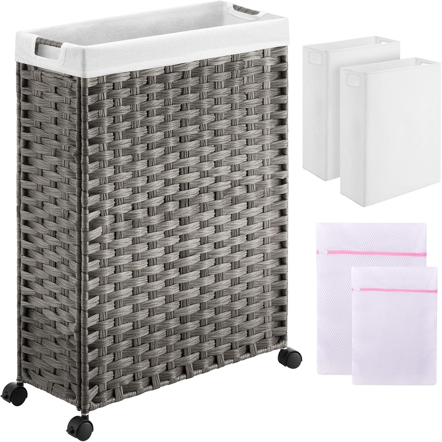 66L Slim Laundry Hamper with Wheels and 2 Removable Liner Bags for Easy Storage and Transport-image