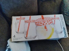 Home Essential Set of Four Jars with Grafic Lids and Straws VINTAGE 786460047570