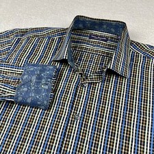 Marco Brunelli camicia uomo grande con bottoni blu a quadri polsini infradito