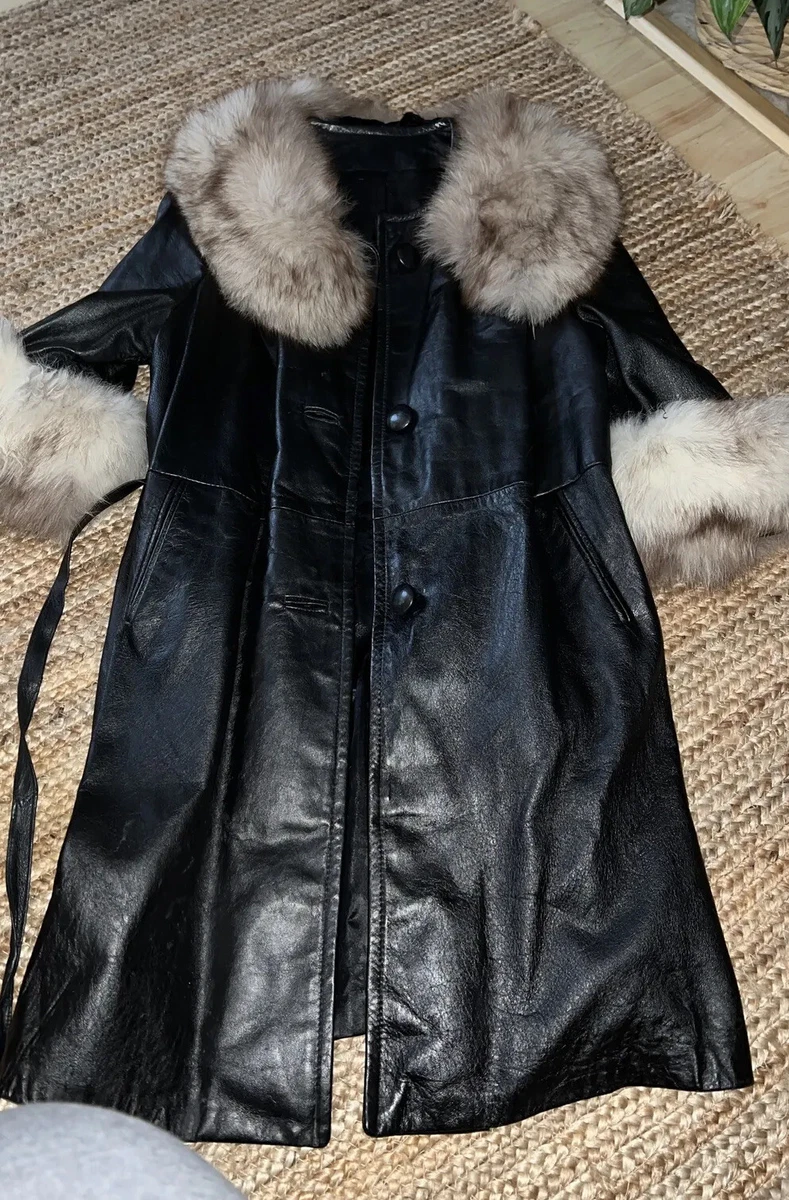 Womens 14 Black leather Fur collar fur cuffs belted long coat jacket