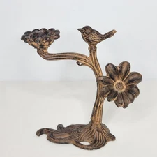 Metal Rust Colored Bird on Branch With Flowers Taper Candlestick Holder 