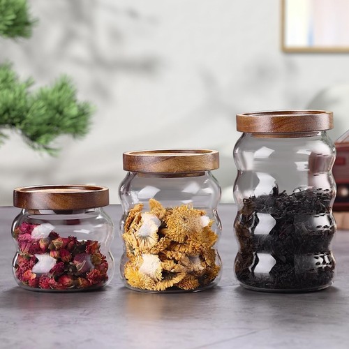 Glass Storage Containers with Wooden Lids Airtight Jar Kitchen Acacia Set of - Picture 5 of 7