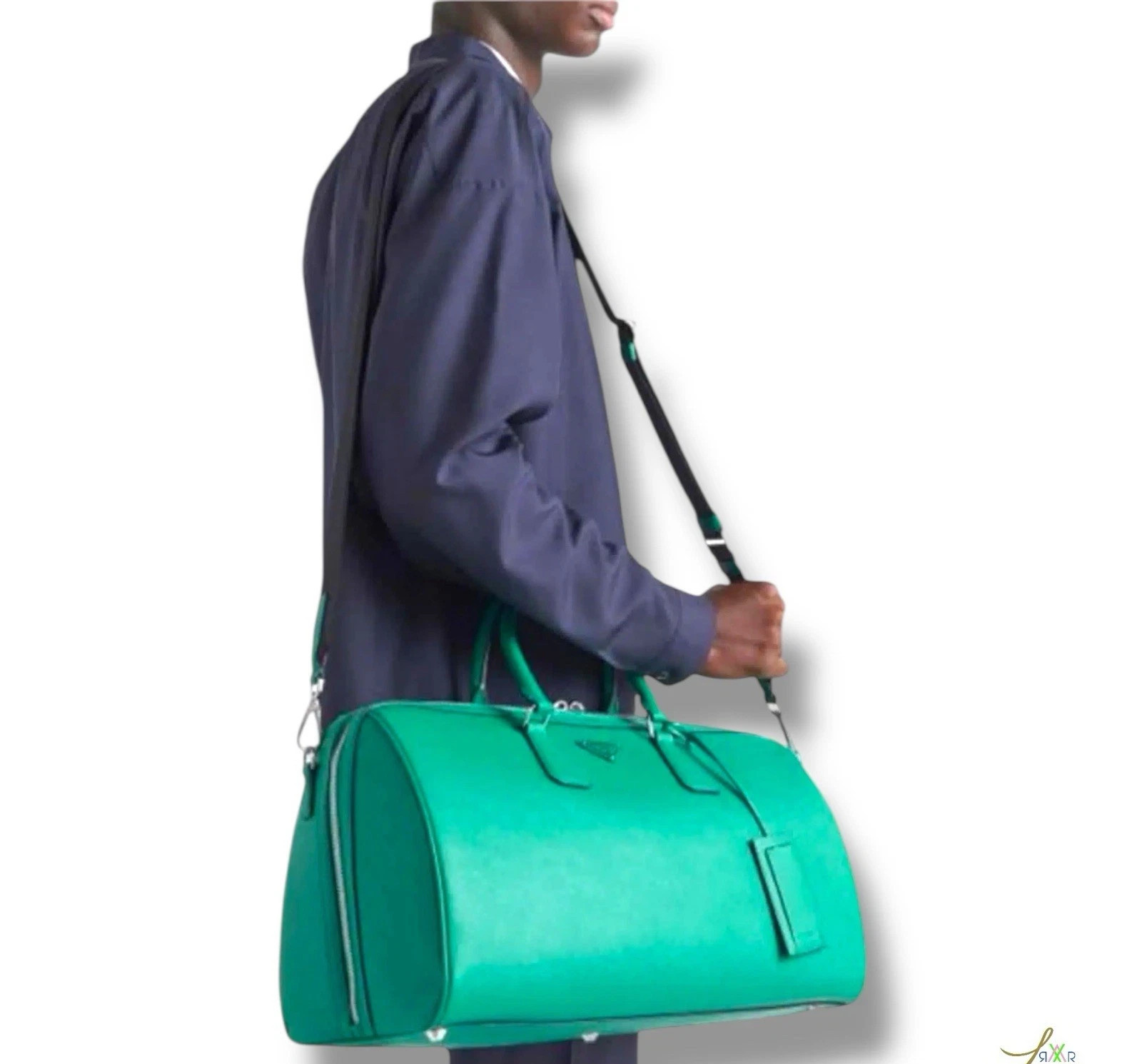 Prada Green Saffiano Leather Travel Bag Holdall Made In Italy thumbnail 4