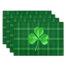 St Patrick's Day Shamrock Clovers Placemats Set of 4 Green Plaid Placemats Ta...
