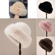 Women Faux Fur Mongolian Hats Cap Brimless Plush Fluffy Skiing Riding Warm