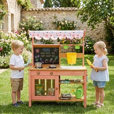 Qaba Kids Mud Kitchen with Canopy, Outdoor Play Kitchen, Pink