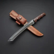 Custom Handmade Carbon Steel Tanto Bowie Machete: Walnut Handle, Leather Sheath
