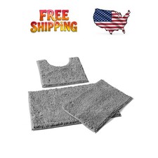 Luxury 3-Piece Plush Chenille Bath Rug Set - Ultra-Soft  Absorbent Light Grey