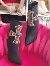 Black ankle booties, rhinestone cross embellishments, pointed toe, stiletto