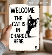 Funny Black Cat Welcome Sign Metal Tin Retro Wall Decor "Cat In Charge" 8x12
