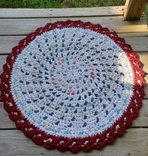 Handmade crocheted rag rug 31" white burgundy round repurposed used fabrics