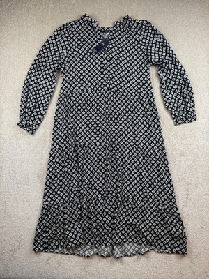 Marks&Spencer Midi Tiered Dress Womens 14R Black White Floral Long Sleeve V-Neck