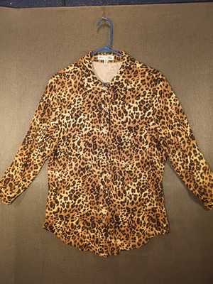 Leopard Print Blouse Button Up Half Sleeve Stem & Vine Size Medium 
