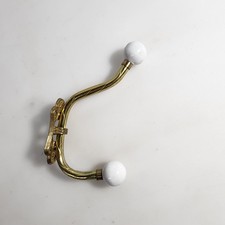 Vintage Brass 2 Hook Porcelain Knobs Wall Mount Coat Towel Bag Hanger