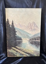 VTG Rustic Mountain Lake Oil Painting Canvas Wall Art Cabin Lodge Decor 20x27  