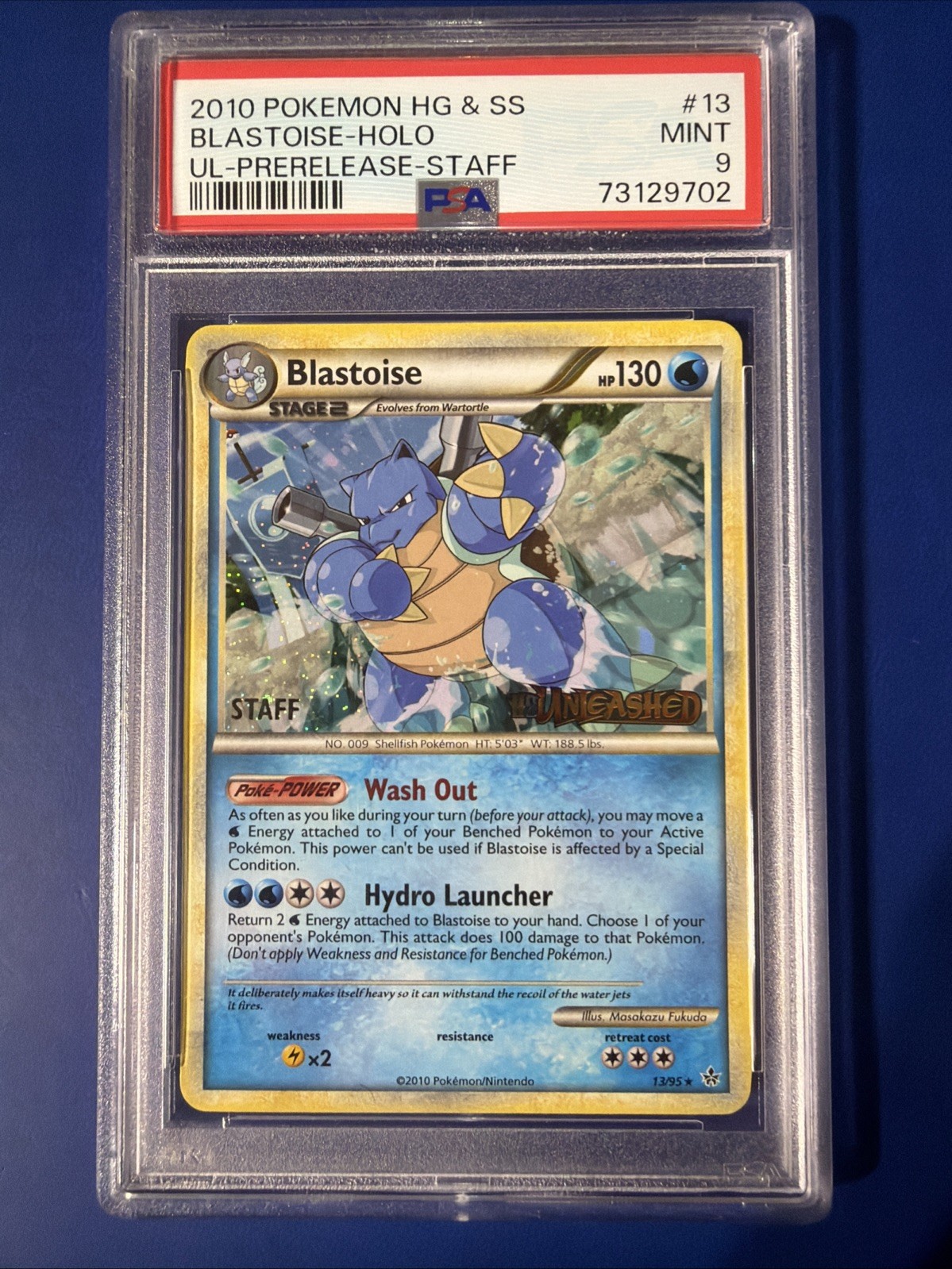 2010 HG & SS Blastoise Holo PSA 9 Unleashed Pre Release STAFF #13 Pokemon HGSS