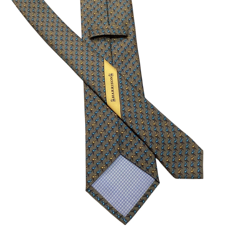 Corbata HARRISON Para Hombre 100% Seda ITALIA Diseñador Animal PÁJAROS Marrón/Azul NUEVA Rara Foto 3 de 3