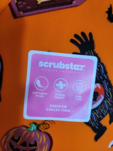 NWT Scrubstar Women's M Orange Halloween Short Sleeve V Neck Scrub Top - Picture 3 of 6