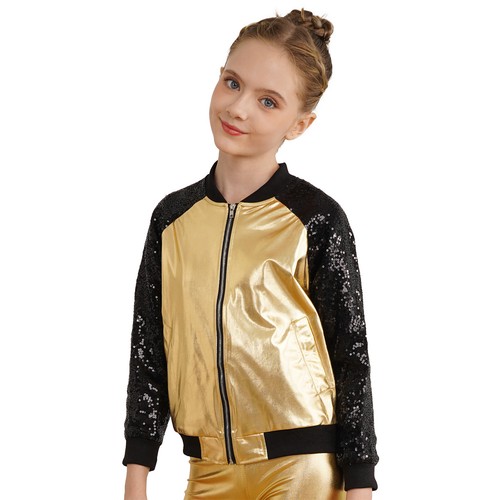 Kids Girls Baseball Jacket Shiny Metallic Long Sleeve Bomber Coat Outerwear - Picture 99 of 104