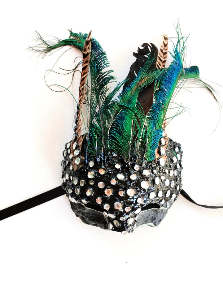 Black Sequin Peacock Feather Mask Handmade One Of A Kind - Image 2 of 4
