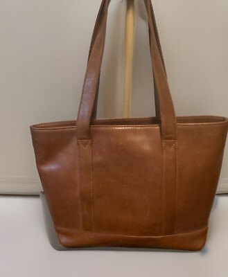 L.L.Bean Woman's Camel Brown Leather Two Handle Tote Bag Purse Clean Inside!