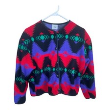 Vintage 90s David Wayne Multicolor Button Down Fleece Sweater Jacket M USA Made
