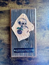Original Tattoo Art on Leather Mounted on Wood Skull And Rose Design