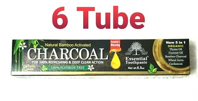 6 Tube Bamboo CHARCOAL Toothpaste By Essential Palace 5 in 1, 100% Fluoride Free
