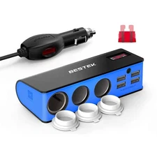 BESTEK 3-Socket Cigarette Lighter Adapter, 12V/24V 200W DC Cigarette Outlet blue