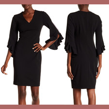 NWD $134 Clavin Klein V-Neck Ruffle Sleeve Knit Trim Sheath Dress [SZ 12 ] #E616