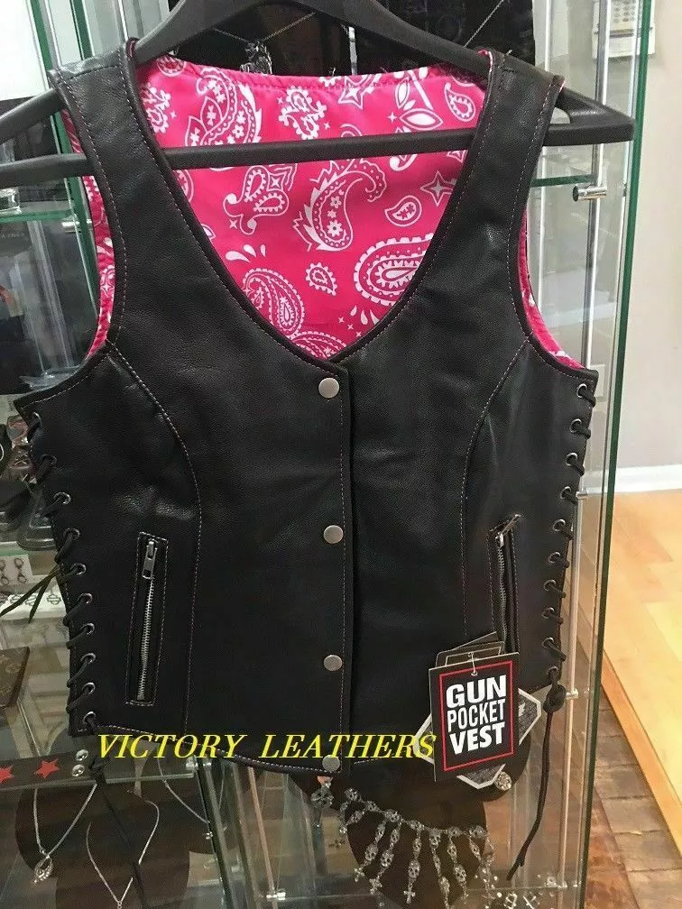 Ladies Leather Vest with Pink Paisley Pink Stitching Size 2XL eBay
