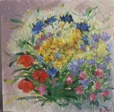 original oil painting summer flower, poppies wall art, bouquet flowers painting