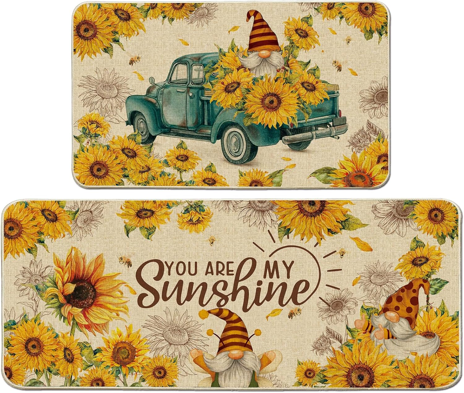 Sunflower Kitchen Rug Set of 2 with Farmhouse Gnome Design