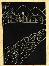 A Stamp In The Hand  TOWN SCENE  Wood Mounted Rubber Hills Trees Town Field