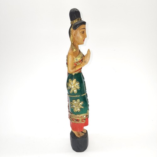 Vintage Thai Sawasdee Lady Vintage Welcome Statue Figurine Hand Carved Wood 15” - Picture 3 of 18