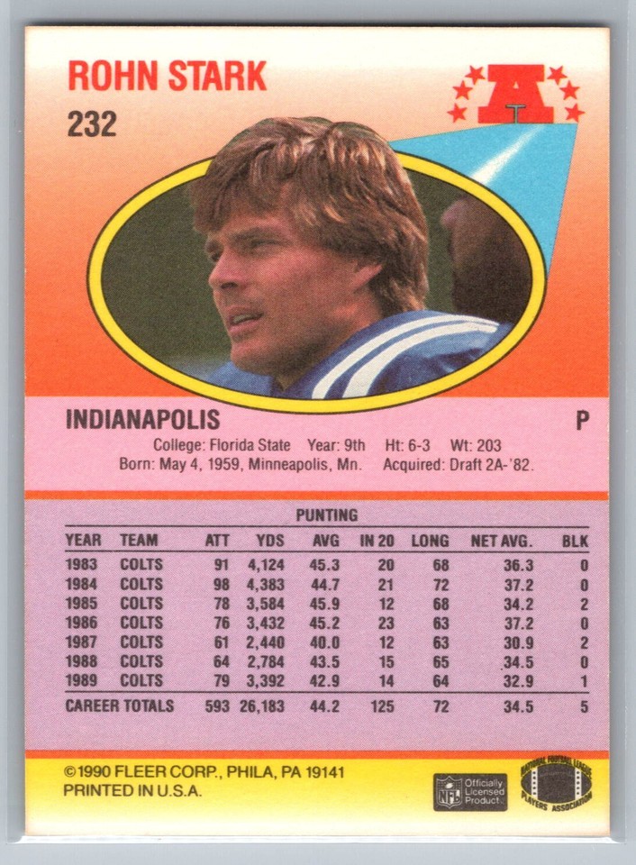 Rohn Stark 1990 Fleer FOOTBALL #232 Indianapolis Colts | eBay