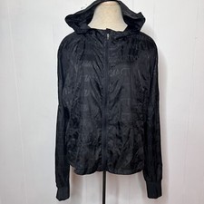 Zyia Active Jacket Womens Medium Full Zip Black Spellout Hooded Windbreaker
