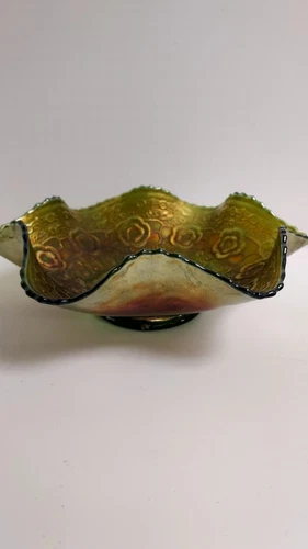 Vintage 30's Fenton Carnival Glass Crimped Bowl Captive Rose Pattern