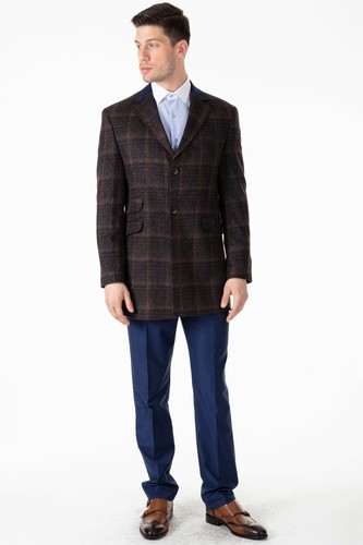 Jack Martin - Peaky Blinders Brown & Navy Check Tweed Wool Overcoat - Picture 5 of 7