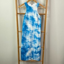 By Johnny Bodycon Dress Womens 10 Blue White Tie Dye Midi Sleeveless Racerback