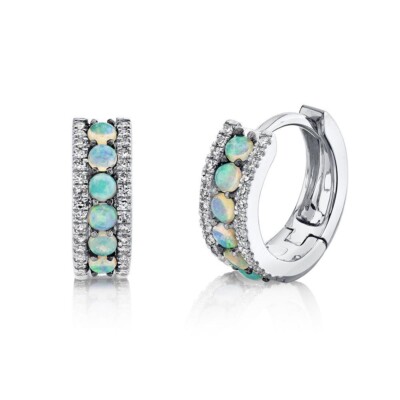 Opal Opalit Diamant Ohrringe 14K Weißgold Huggies Natur 0,43TCW kleine Creolen