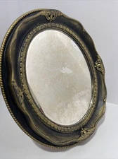 Vintage Homco Oval Standing Smoky Mirror Ornate Black Gold Easel Back 11x13