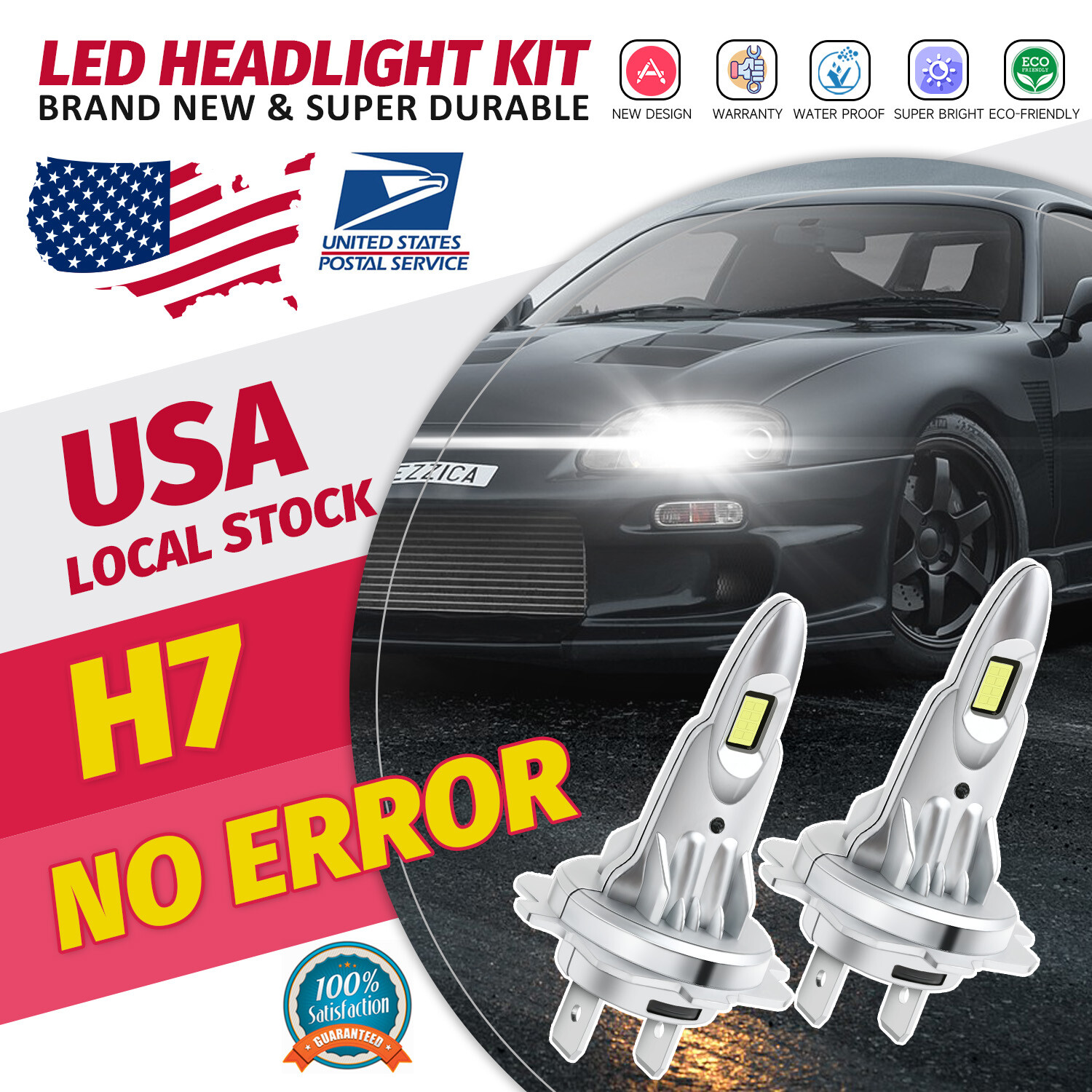 2X Modigt H7 LED Headlight Bulb Kit High Low Beam 6000K Super White 80000LM 200W