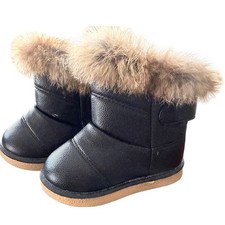 Kids Black Faux Leather Fur Trim Snow Boots Toddler Child Size 4