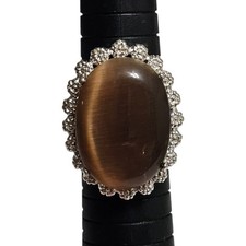 Cocktail Statement Ring Tigers Eye Cabochon Silver Toned Sz 9 Marked GR Thailand