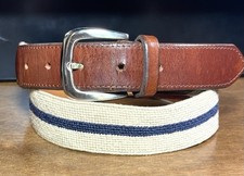Mens Striped Needlepoint Brown Leather Belt Sz31 1-3/8 Wide SilverTone Bkl GUC
