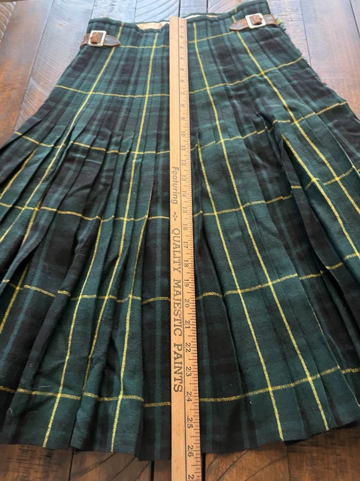 Falda escocesa de lana vintage tartán verde azul talla 2-4 talla 26 pulgadas cintura como está Foto 3 de 4