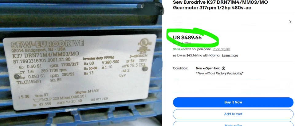 Sew Eurodrive S37 DRN71M4/MM03/MO Gearmotor 317rpm 1/2hp 480v-ac [B9S4] - Image 4 of 4