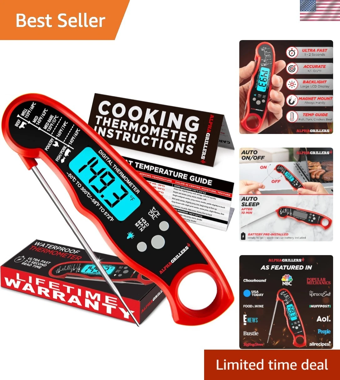 Digital Meat Thermometer - Instant Read, Waterproof & Gift-Ready for Cooking