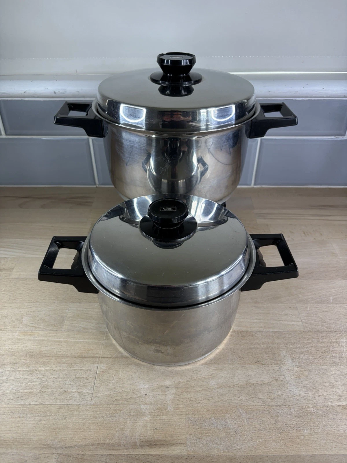 Vintage Fissler Stainless Steel Stock Pot Set 18cm 22cm Saucepan x2